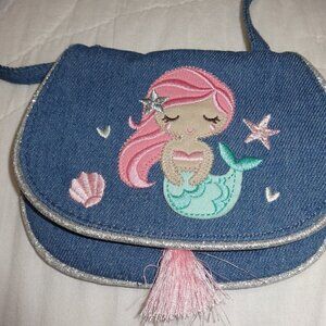 Mermaid Earth Nymph girls shoulder bag, denim, glitter piping, pink tassel $14